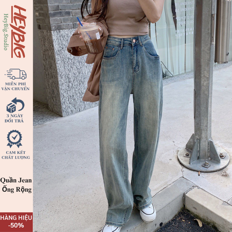 Quần jeans ống rộng cạp cao 2 túi mặt trước Ulzzang HeyBig,quần bò nữ ống rộng lưng cao vải jean dày đẹp,dáng suông-T12 | BigBuy360 - bigbuy360.vn