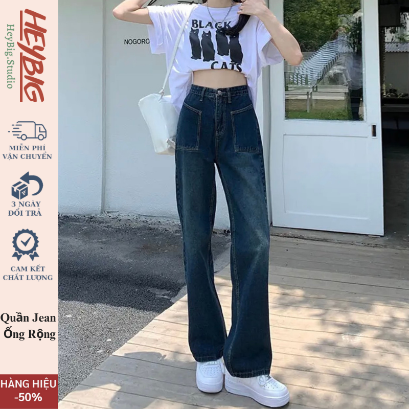 Quần jeans ống rộng cạp cao 2 túi mặt trước Ulzzang HeyBig,quần bò nữ ống rộng lưng cao vải jean dày đẹp,dáng suông-T12 | BigBuy360 - bigbuy360.vn