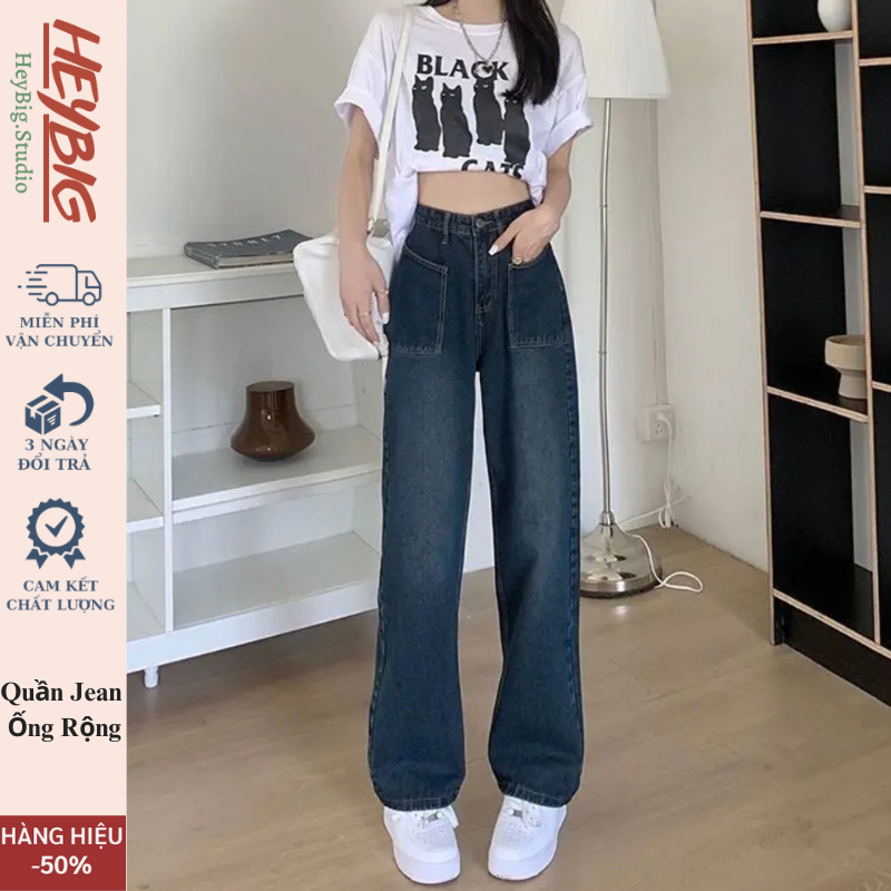 Quần jeans ống rộng cạp cao 2 túi mặt trước Ulzzang HeyBig,quần bò nữ ống rộng lưng cao vải jean dày đẹp,dáng suông-T12 | BigBuy360 - bigbuy360.vn