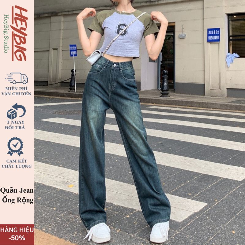 Quần jeans ống rộng cạp cao 2 túi mặt trước Ulzzang HeyBig,quần bò nữ ống rộng lưng cao vải jean dày đẹp,dáng suông-T12 | BigBuy360 - bigbuy360.vn