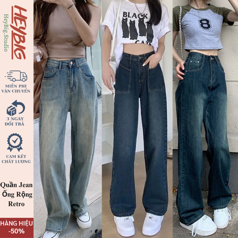 Quần jeans ống rộng cạp cao 2 túi mặt trước Ulzzang HeyBig,quần bò nữ ống rộng lưng cao vải jean dày đẹp,dáng suông-T12 | BigBuy360 - bigbuy360.vn
