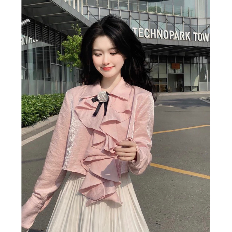 DII COLLECTION - Áo sơ mi croptop thiết kế nhũ bèo (Tặng kèm nơ cài)
