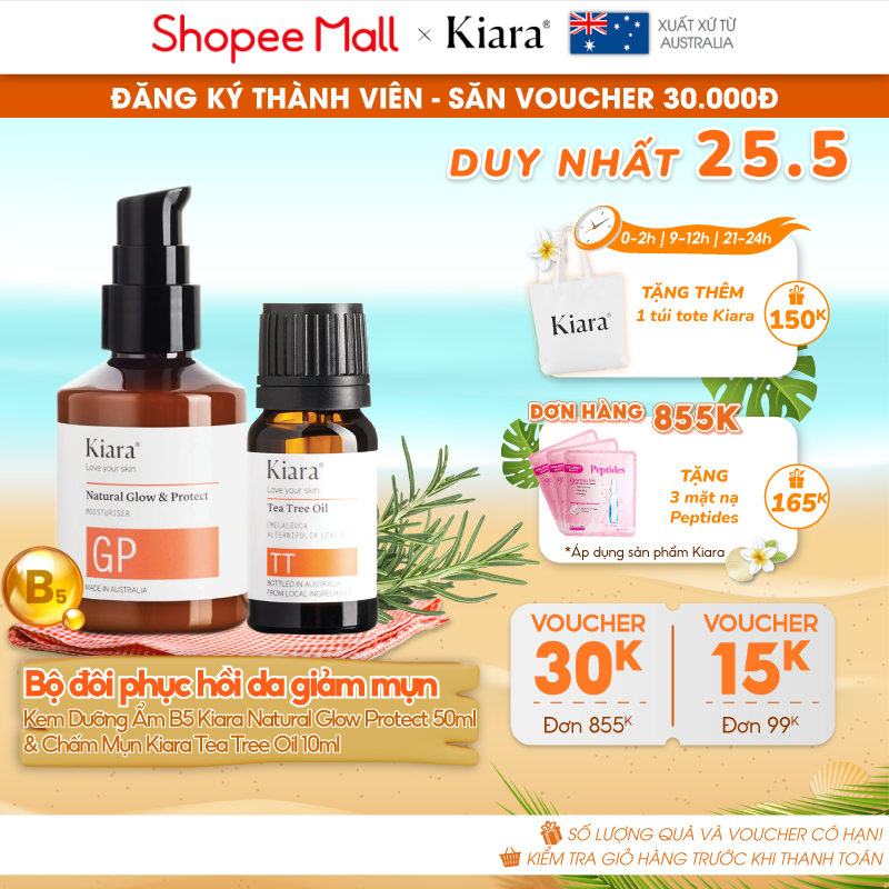 Bộ đôi phục hồi da giảm mụn Kem Dưỡng Ẩm B5 Kiara Natural Glow & Protect 50ml & Chấm Mụn Kiara Tea Tree Oil 10ml