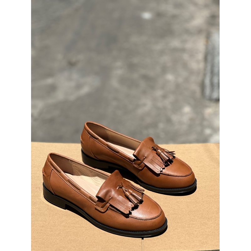 giày chunky loafers nữ da thật nâu