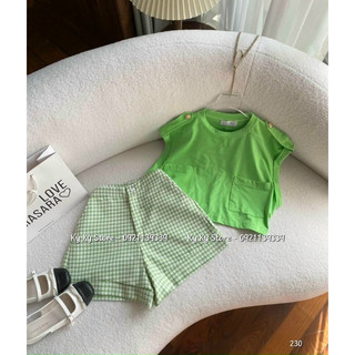 Set đồ nữ áo crop thun + quần short caro