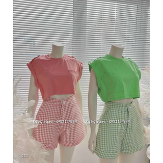 Set đồ nữ áo crop thun + quần short caro
