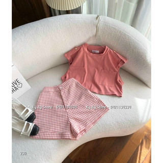 Set đồ nữ áo crop thun + quần short caro