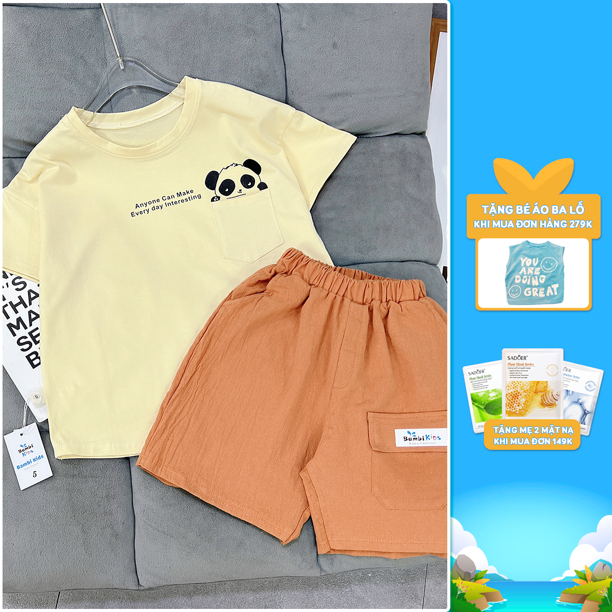 Đồ Bộ Bé Gái Trai Bamikids Set Quần Áo Trẻ Em 0-3 Tuổi Áo Be Quần Đỏ In Hình Gấu Trúc Thun Cotton Mềm Mịn Co Giãn-BBK3.2