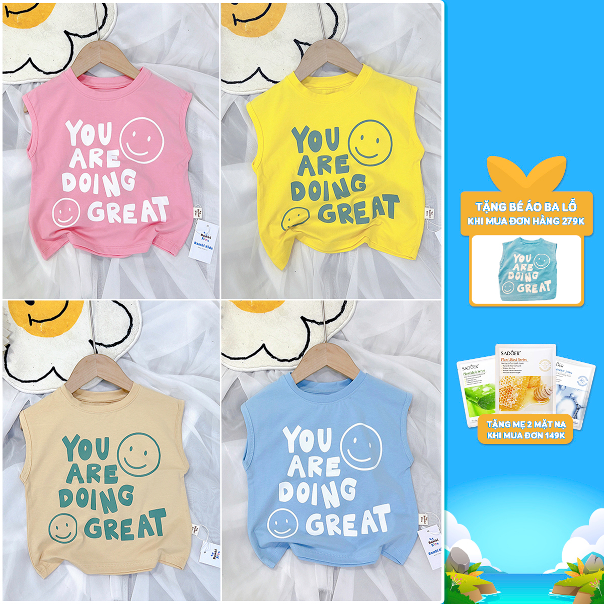 Áo Ba Lỗ Cho Bé Trai Và Bé Gái Bambi Kids 4 Màu 0-3 Tuổi Bộ Cotton - BBK7.3