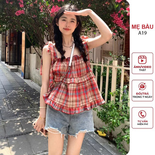 Áo bầu 2 dây dáng suông babydoll chất thô đũi kẻ caro buộc nơ vai đẹp - đầm bầu đi biển mùa hè freesize