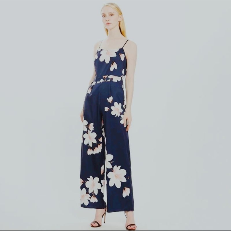 Jumpsuit 2 dây hoa xanh, thắt nơ lưng LAKING