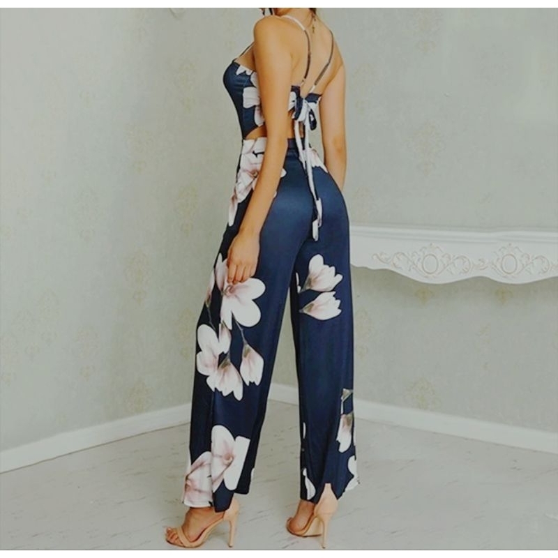 Jumpsuit 2 dây hoa xanh, thắt nơ lưng LAKING