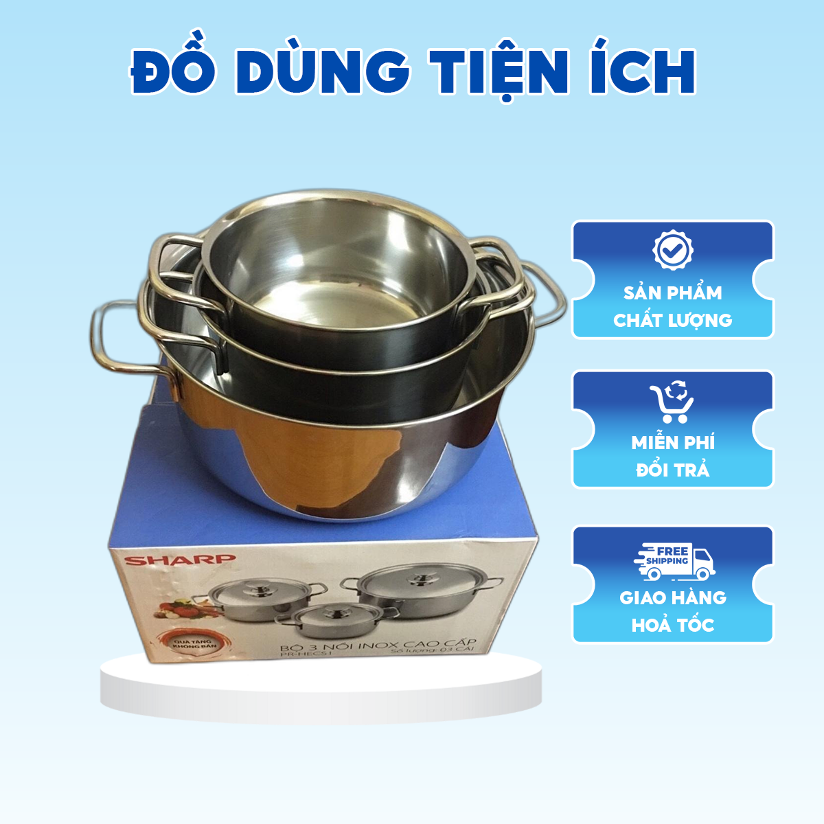 Bộ 3 nồi Inox cao cấp Sharp, nồi đa năng inox, chống gỉ