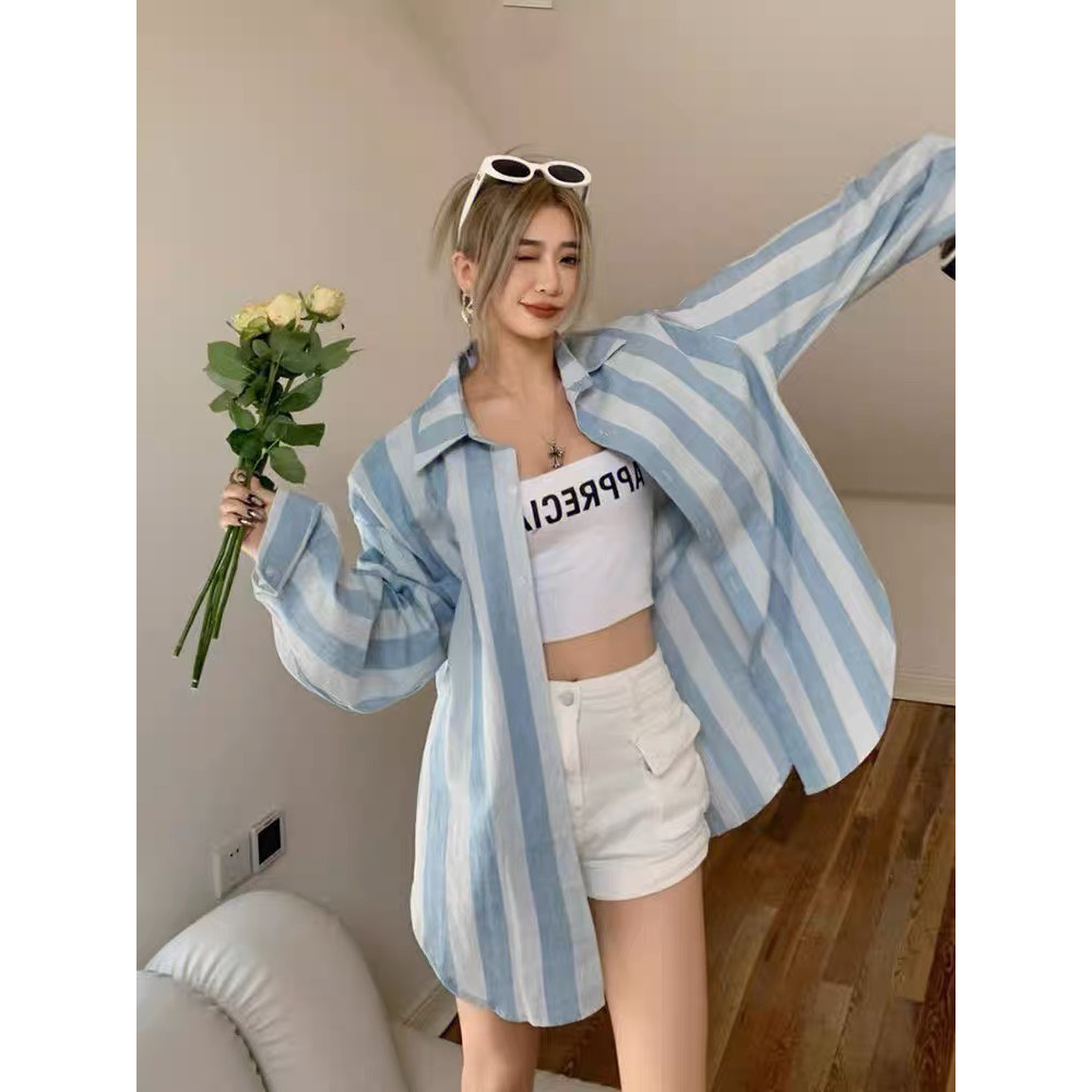 SET SƠ MI 3 MÓN SỌC : ÁO SƠ MI SỌC XANH + ÁO 2 DÂY CHỮ + QUẦN SHORT TRẮNG (TH)