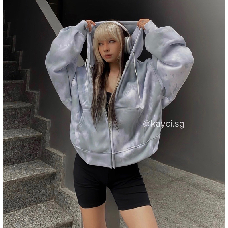 Áo Khoác Nỉ Hoodie Zip Màu Loang Ombre Xám Xanh Tay Bồng Form Rộng FREESIZE Chất Siêu Dày