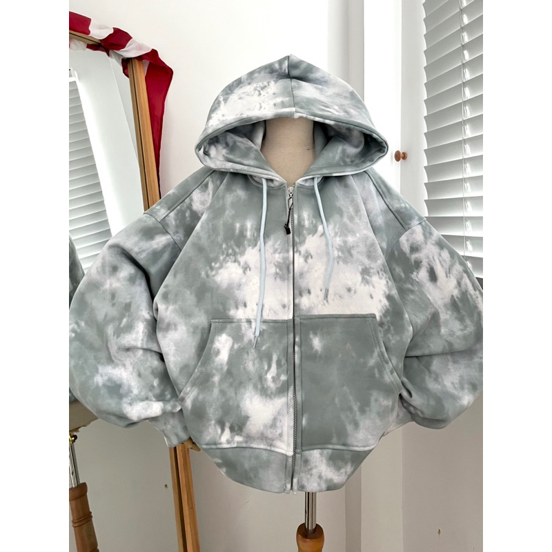 Áo Khoác Nỉ Hoodie Zip Màu Loang Ombre Xám Xanh Tay Bồng Form Rộng FREESIZE Chất Siêu Dày | BigBuy360 - bigbuy360.vn