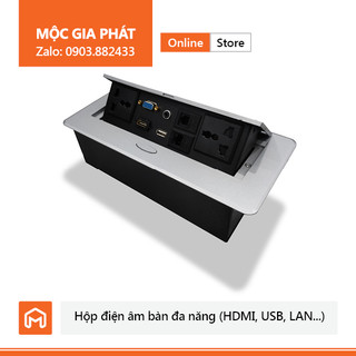 Hộp điện âm bàn đang năng, thông minh, có 2 ổ cắm điện 3 chân, hdmi, vga, giắc 3.5, usb, lan, điện thoai.