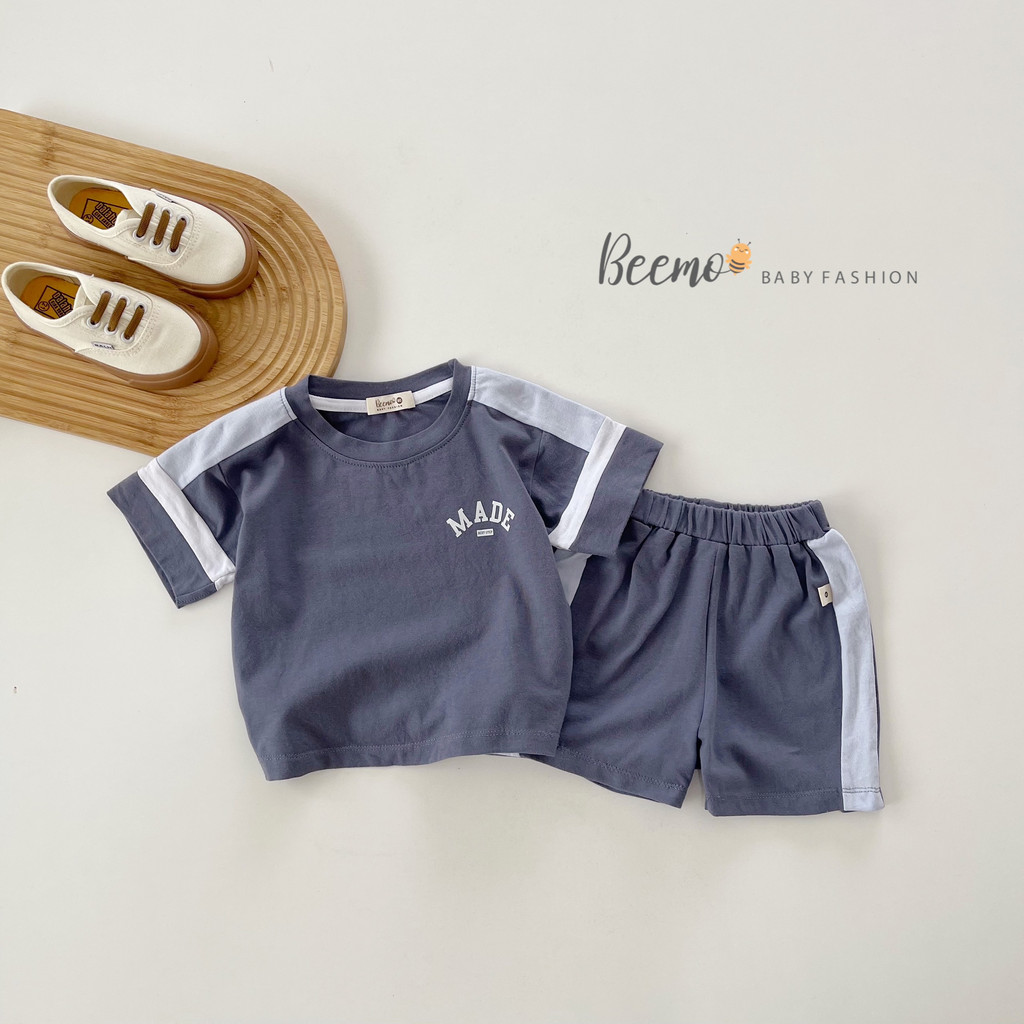 Bộ quần áo phối vai in chữ cho bé Beemo,Chất liệu cotton mềm mịn co giãn thoải mái,bộ màu cực hot B334