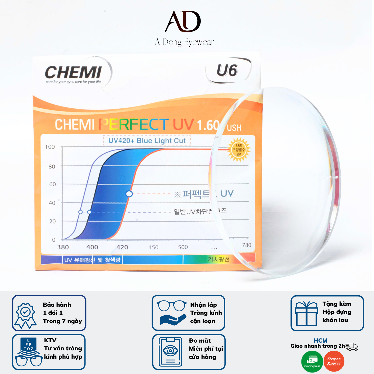 Tròng kính cận A Dong Eyewear Chemi U6 siêu mỏng chống tia UV cắt ánh sáng xanh bảo vệ mắt