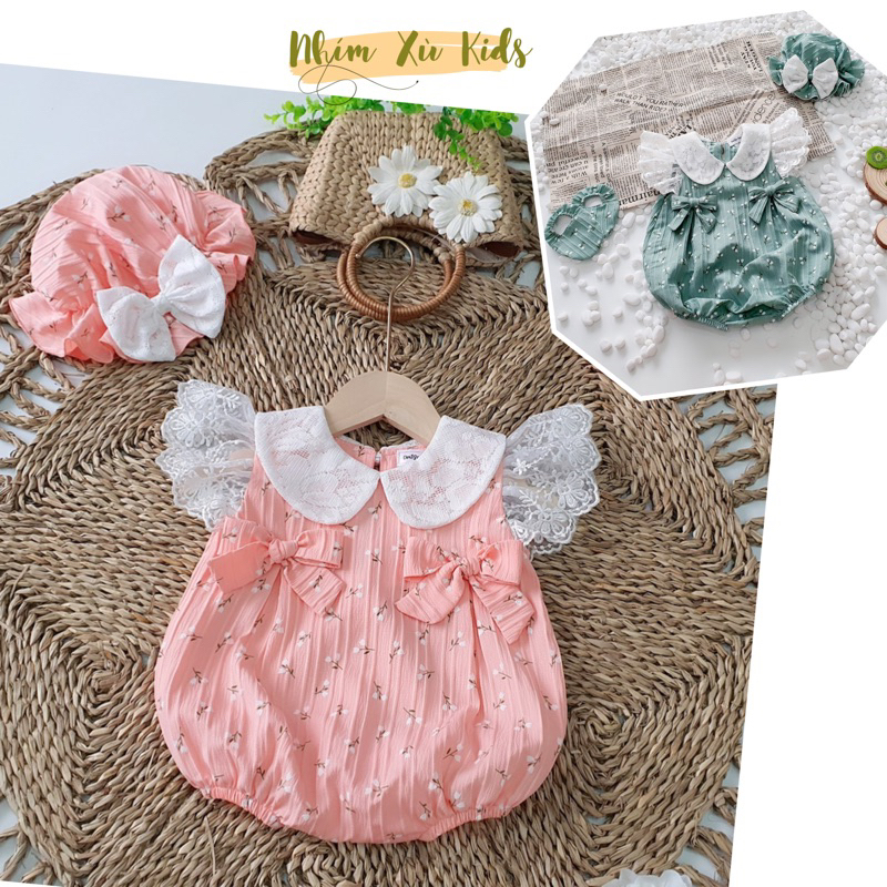 Body cổ sen bé gái 3-12kg, Bodysuit kèm nón và giày cho bé chất boi hạt [A416]