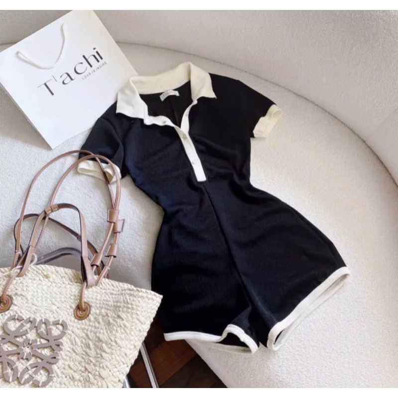 JumSuit Polo Viền Tay Ngắn Đùi Viền Chất Tăm Gân