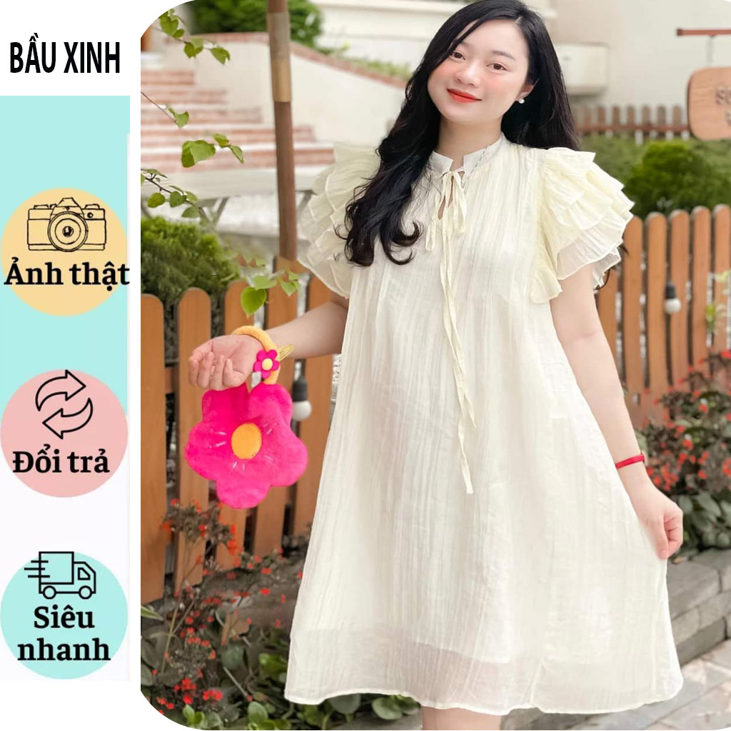VÁY BẦU CÔNG SỞ SỰ TIỆC ĐI BIỂN SIÊU HOT-ĐẦM BẦU THIẾT KẾ CỔ XẾP LY TAY BÈO BABAYDOLL VẢI TƠ NHĂN MÁT
