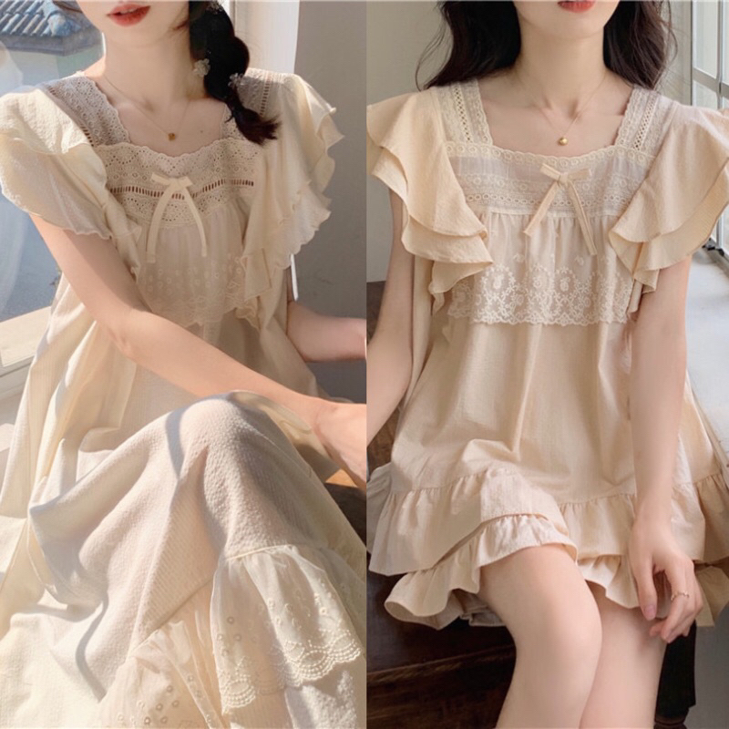 Đồ Ngủ Style Hàn Quốc - Váy Mặc Nhà Tiểu Thư Dáng Dài Tay Cánh Tiên Phối Bèo Nơ Ulzzang QC