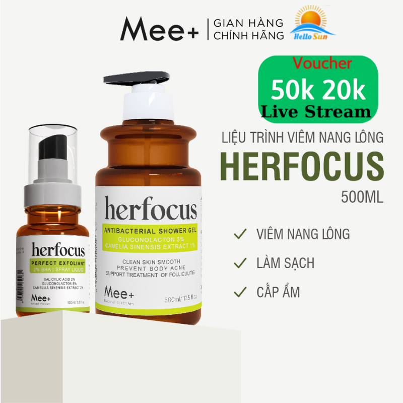 Xịt viêm nang lông HERFOCUS 100ml + Sữa tắm viêm nang lông HERFOCUS 500ml - combo viêm chân lông Mee Natural- Hello Sun