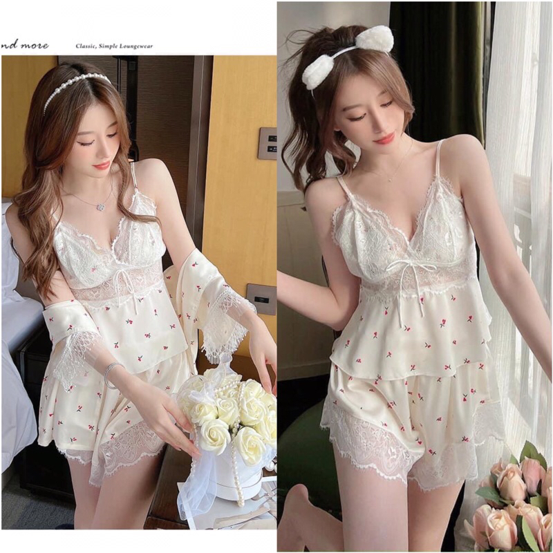 ♥️Hàng QC♥️Bộ ngủ lụa 2 dây đùi phối ren(kèm mút lót)_lụa satin mền mịn mát, kiểu dáng dễ thương 278.