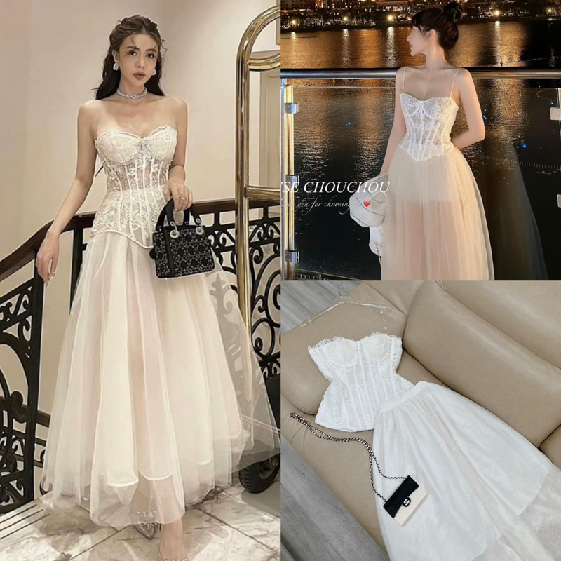 SET ÁO CÚP XẺ + CHÂN VÁY TRẮNG XẾP LY