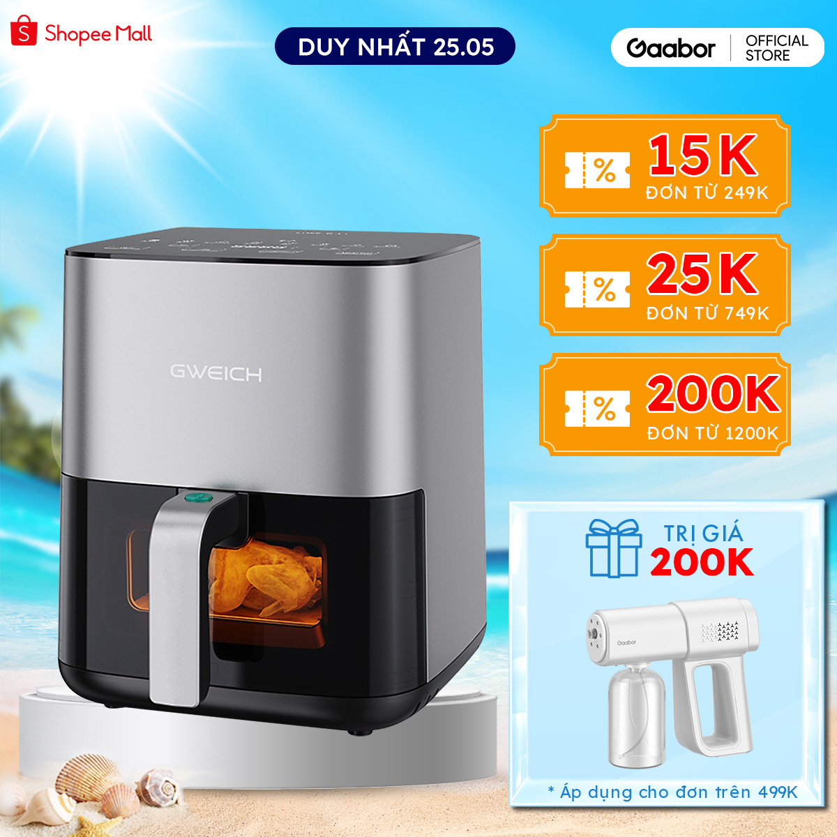 Nồi chiên không dầu hơi nước GWEICH 5.5L GWA-55E02 dung tích 5.5L - Thép không gỉ - Hàng chính hãng