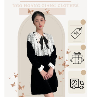 [ Ảnh Độc Quyền ] Váy thiết kế cổ bèo ren cao cấp dài tay đen dáng chữ A tiểu thư tôn dáng BABY JULY DRESS S4