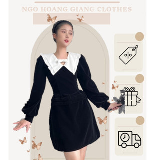 [ Thiết kế by NHG ] Váy nhung dài tay cổ bèo trắng đính đá chân đầm chữ A vạt xếp ly hàng cao cấp  BABY LAVENDER DRESS