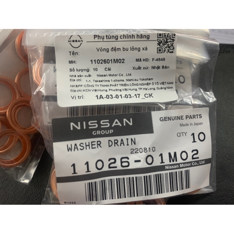 Vòng đệm xả nhớt Nissan 1102601M02 chính hãng
