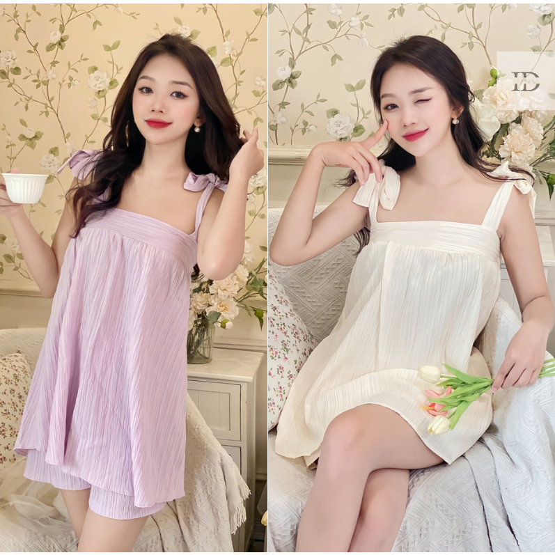 Bộ hai dây nữ, Set áo babydoll hai dây thắt nơ quần đùi, chất đũi gân mềm mát cực xinh B29