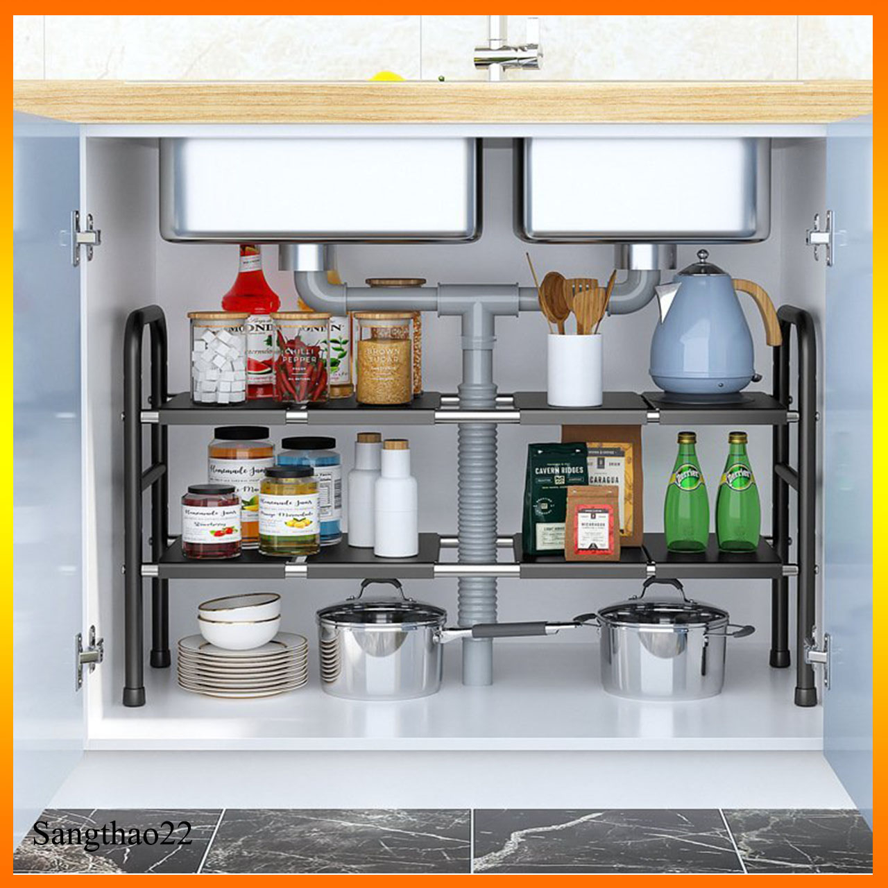 Kệ Gầm Bếp Kệ Để Đồ Nhà Bếp Để Xoong Nồi Gầm Bếp 2 Tầng Đa Năng Gọn Gàng Ngăn Nắp Khung INOX Chịu Lực Chắc Chắn