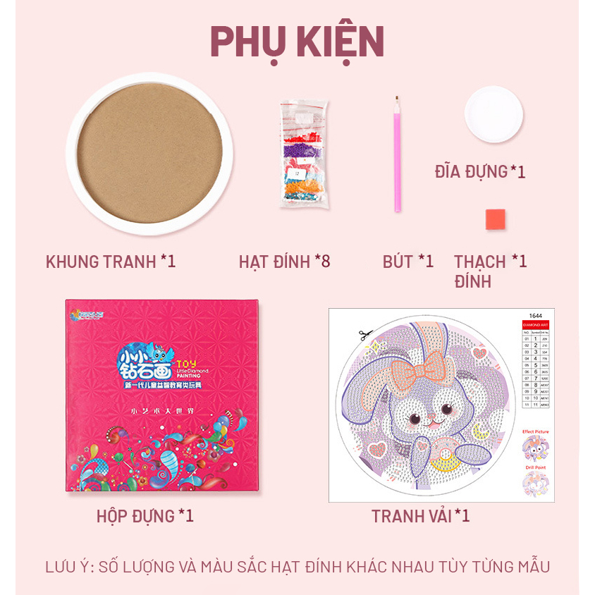 Tranh Đính Đá Handmade Kèm Khung Tranh Tròn 18cm Hình Động Vật Hoạt Hình Duffy & Friends