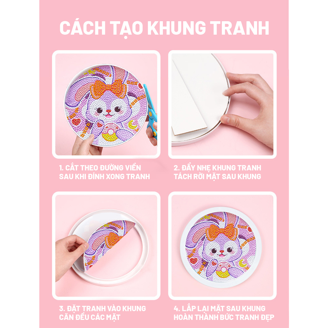 Tranh Đính Đá Handmade Kèm Khung Tranh Tròn 18cm Hình Động Vật Hoạt Hình Duffy & Friends