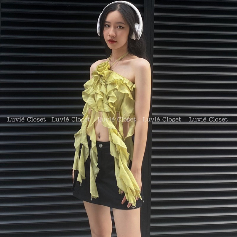 Áo Yếm Hoa Hồng Dải Tua Rua, Áo Croptop Hai Dây Không Tay Hở Lưng Gợi Cảm Quyến Rũ Thời Trang Mùa Hè Cho Nữ