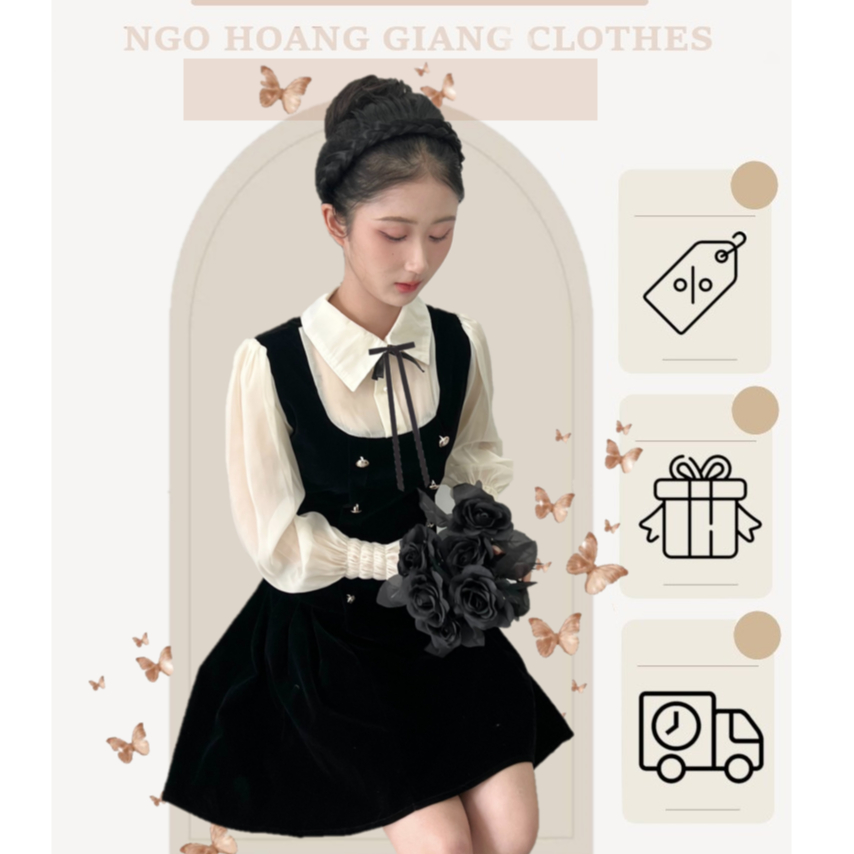 Váy thiết kế cổ sơmi dài tay + 1 nơ cài áo đầm đen chữ A tôn dáng tiểu thư BABY ORCHIRD S3