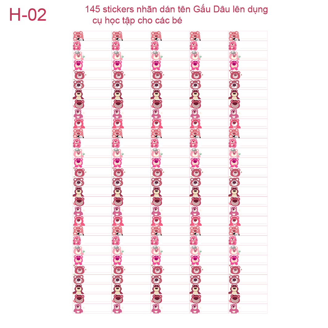 145 stickers nhãn Dán tên Gấu Dâu- Gấu Lotso- Lotso Bear lên dụng cụ học tập cho các bé