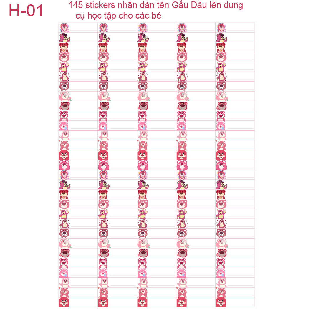 145 stickers nhãn Dán tên Gấu Dâu- Gấu Lotso- Lotso Bear lên dụng cụ học tập cho các bé