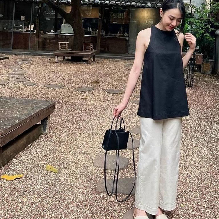 Set bộ - Áo Yếm xẻ lưng cúc bọc kèm quần dài ống rộng SLINEN, chất vải Linen bột Premium form suông 