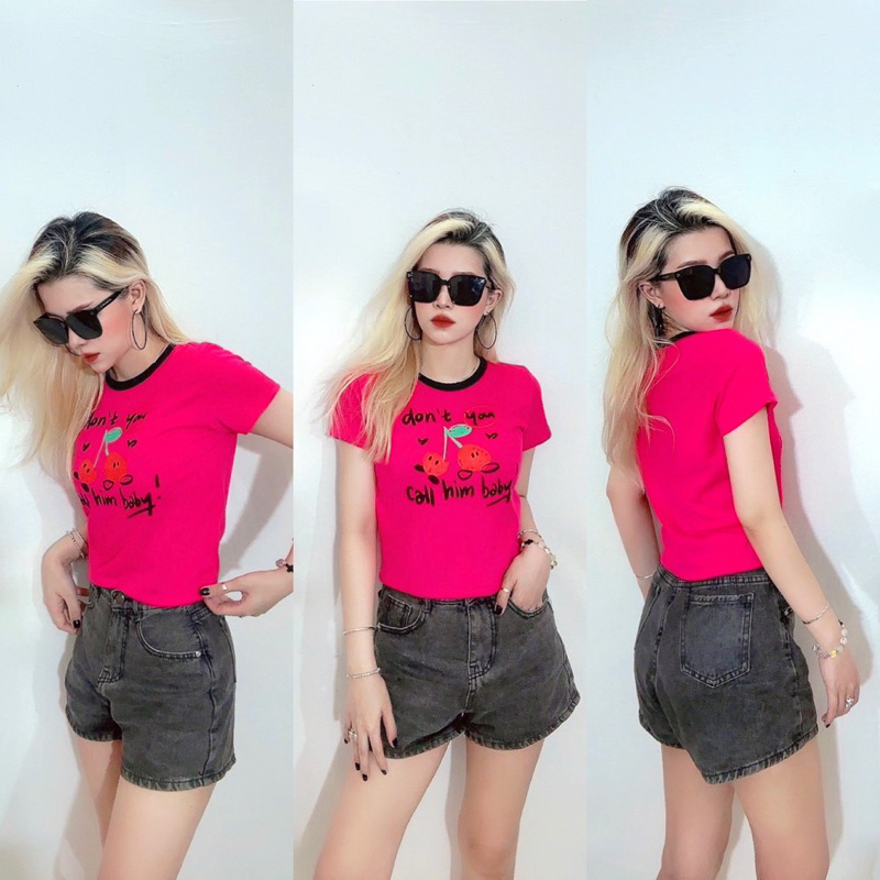 Áo croptop ôm cổ tròn viền đen thun cotton sốp hồng in trái cherry chữ đen