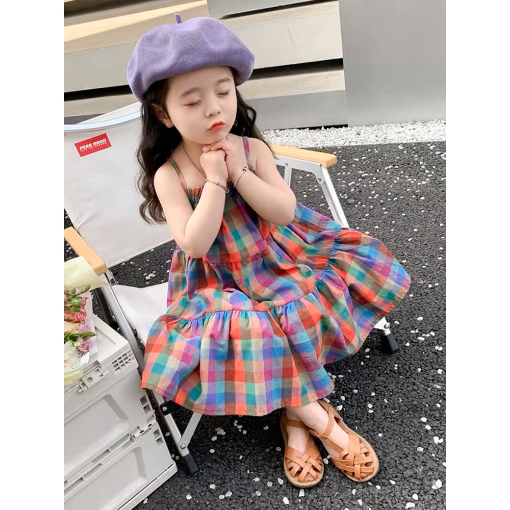 Váy bé gái QCCC loại 1, váy hoa 2 dây đi biển bé gái, váy 2 dây kẻ caro mềm mát, váy bé gái tiểu thư