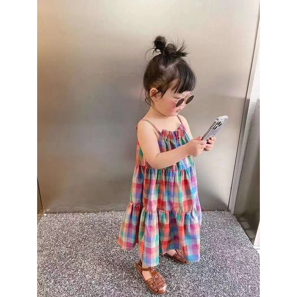 Váy bé gái QCCC loại 1, váy hoa 2 dây đi biển bé gái, váy 2 dây kẻ caro mềm mát, váy bé gái tiểu thư