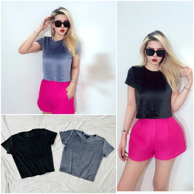 Áo croptop ôm cổ tròn thun nhung sớ ngang trơn 2 màu