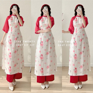 Set áo dài hoa vintage kèm quần lụa đỏ the twenty chất lụa cao cấp phù hợp đi chơi đi tiệc ad150.