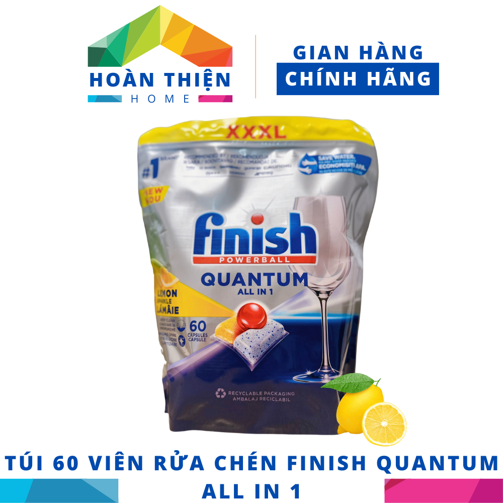 Túi 60 viên rửa chén Finish Quantum All in 1 (Loại viên lớn trong 1 viên công thức mới - sx 2023)