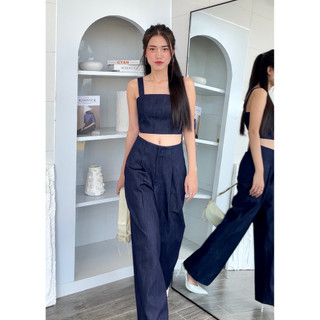 Set Áo Dây Khóa Lưng Và Quần Jeans Ống Suông HOO DESIGN